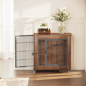 27.2" Dog Crate Furniture with Wheels for Small Dogs, Heavy Duty Dog Kennel Indoor with 2 Doors, Wooden Pet Cage End Table